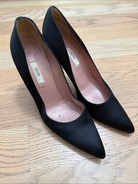 Prada Black Satin Pointed Pumps with Pink Leather Insole and clear heal